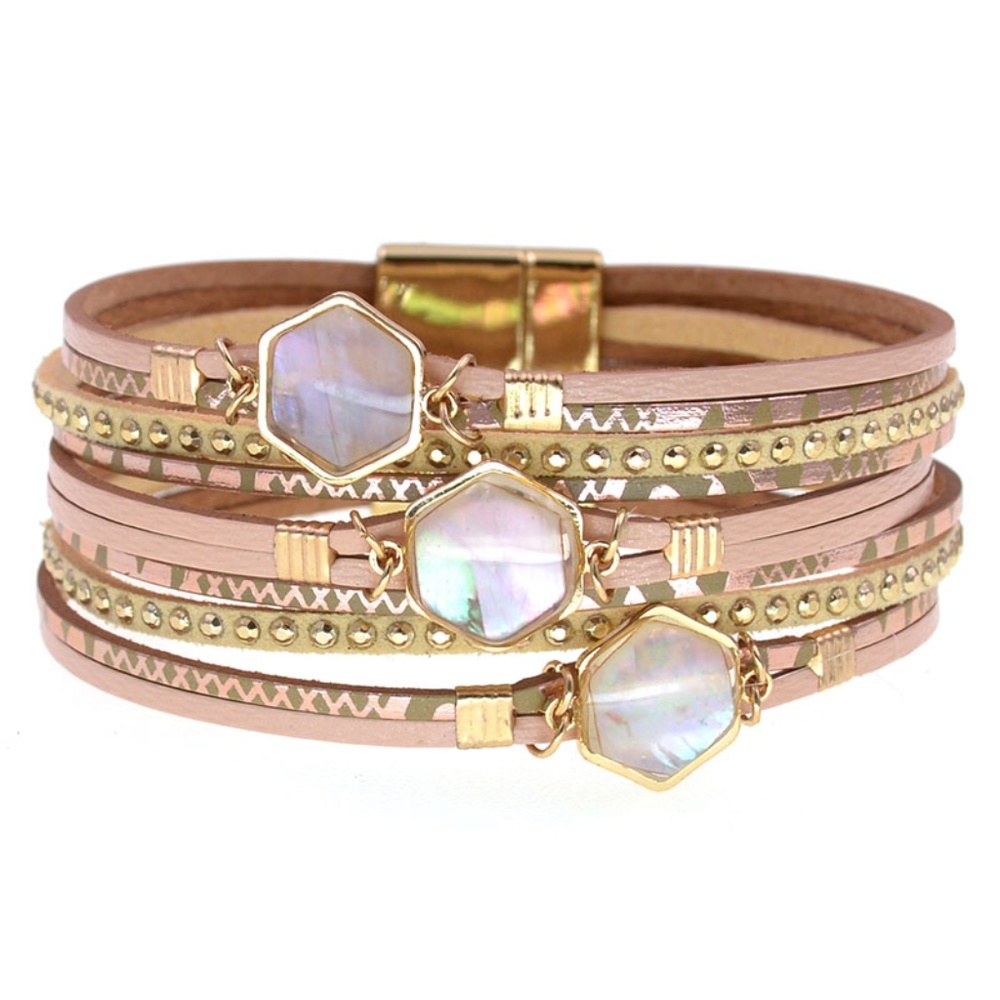 Mother of Pearl Leather Bracelet with Magnetic Clasp 18cm